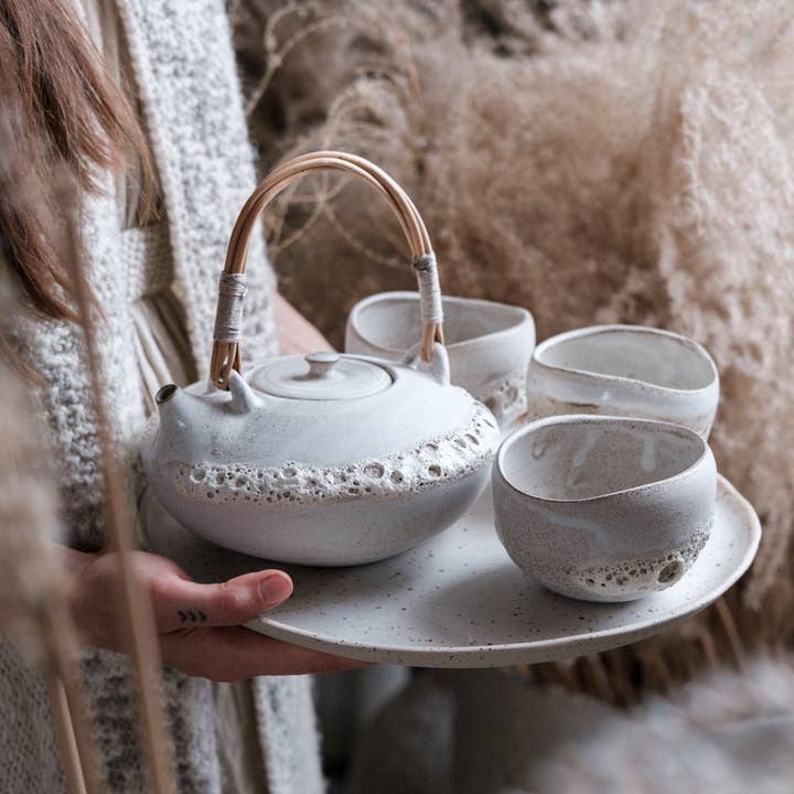 MOON Collection SHELL Handmade Stoneware Tea Cup: White Lava for wholesale by LAIMA CERAMICS (SIA Radosa Apvieniba Spares)