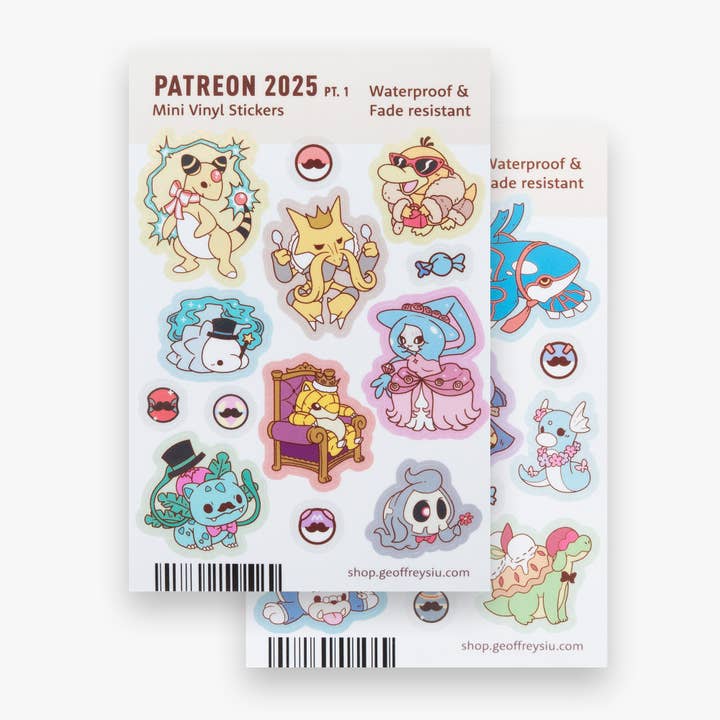 Patreon 2025 Mini Vinyl Sticker Sheets for wholesale by Geoffrey Siu Art LLC