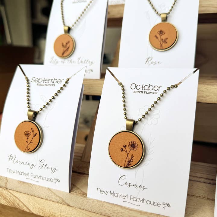 New Market Farmhouse - Wholesale Pendant/Charm Necklace - Birth Month Flower Necklaces - Leather Pendant Necklace Set
