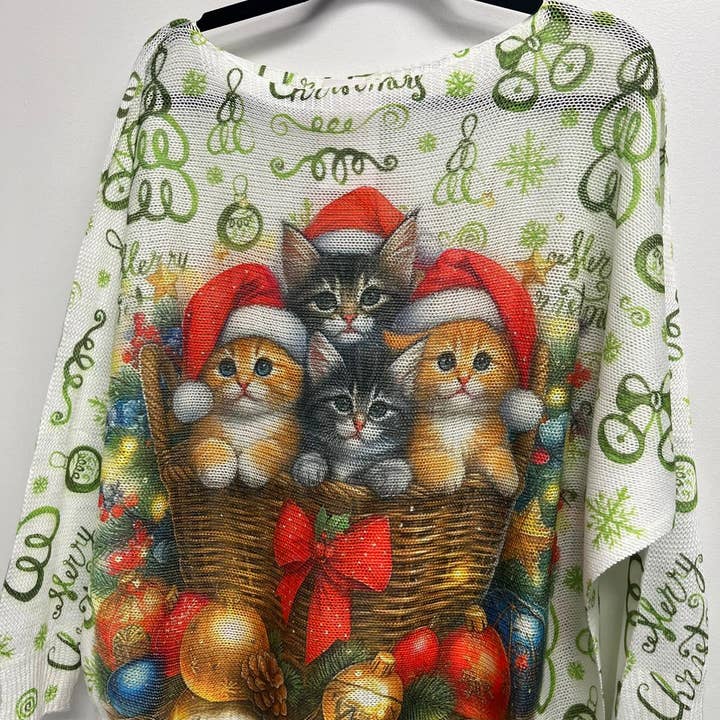 VICC White Cats Christmas Knit Printed Sweater LOOWIE for wholesale by LOOWIE
