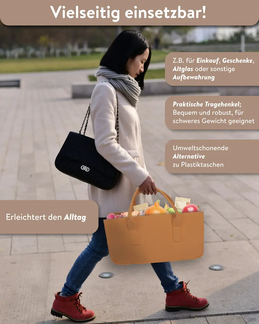 Close Up GmbH - Vente Tote bag – femme - Sac en feutre taupe pour bois de chauffage avec poignées2