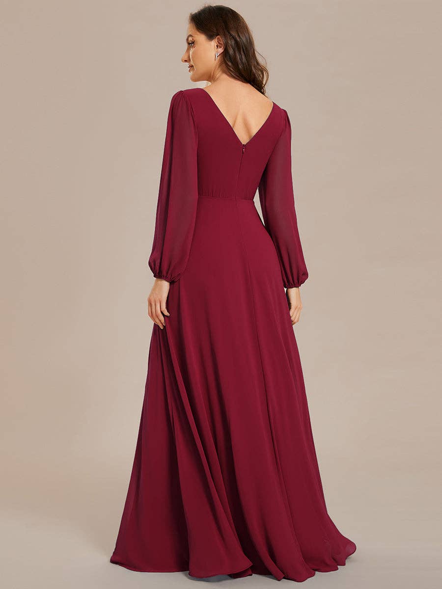 Ever-Pretty - Wholesale Gown - Women's - Elegant waisted chiffon V-neck Long Sleeve guest Dress17
