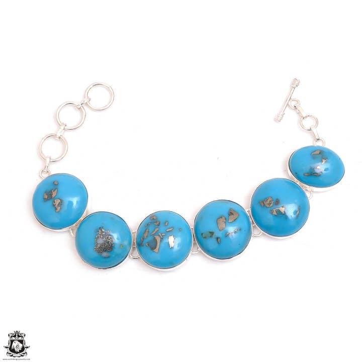 Eksklusiv! Israel Pyrite turkis ægte ædelsten sølv armbånd B4626 for engroshandel hos SARAH DESIGNS JEWELRY