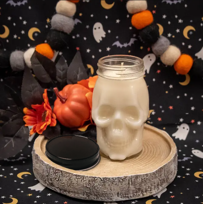 Oily Blends - Vente Bougie en bocal - Bougie Skull à la cire de soja Clean Burning Halloween2