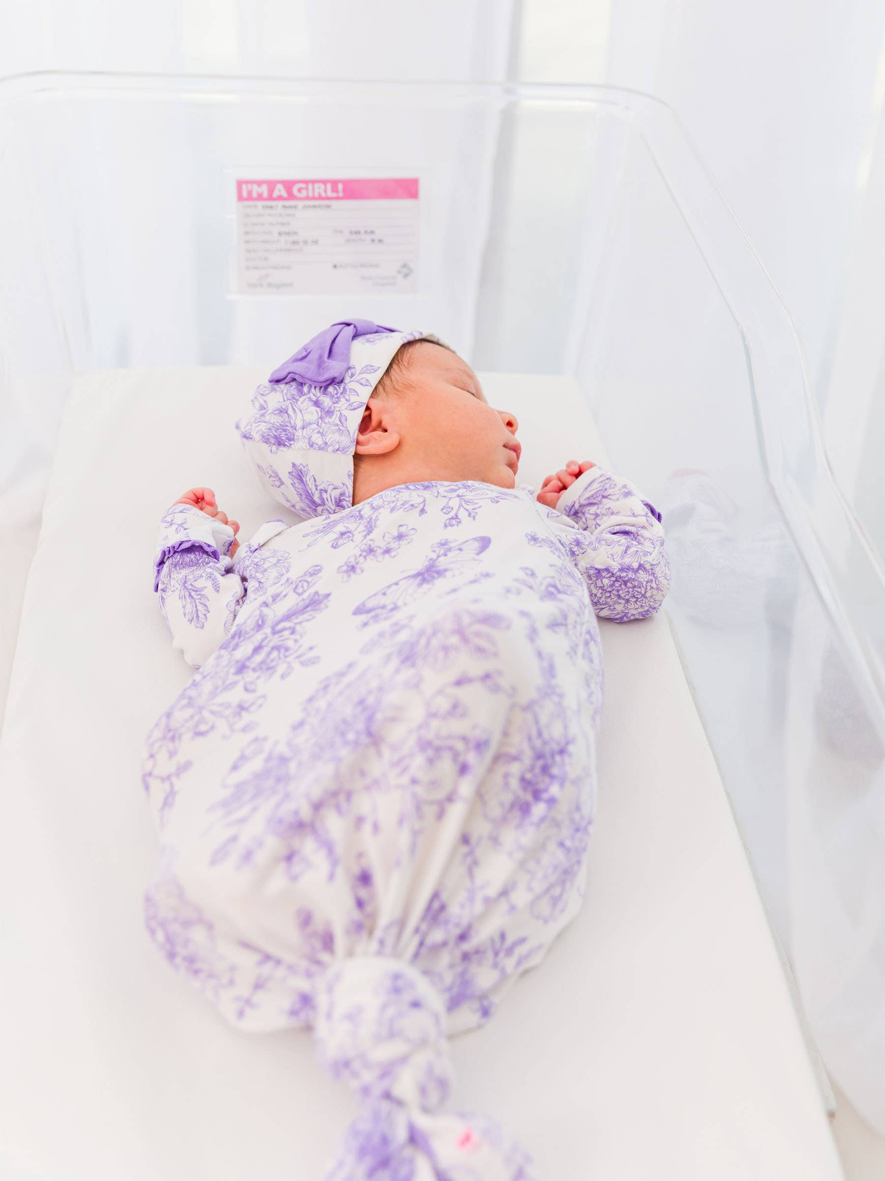 SoftSnooze™ Baby Girls Bamboo Viscose Wisteria Purple Butterfly Garden Toile Ruffle Knotted Sleep Gown & Bow Hat Set for wholesale on Faire6
