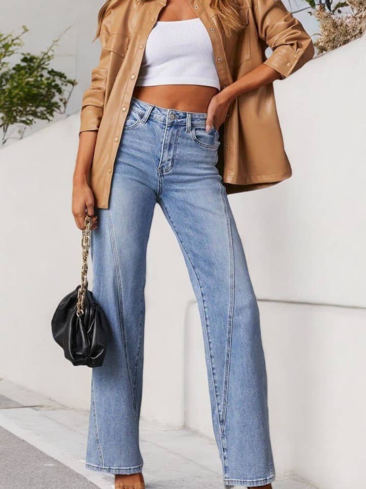 Blue Women's High Waist Wide Leg Jeans with Seaming Detail for wholesale on Faire