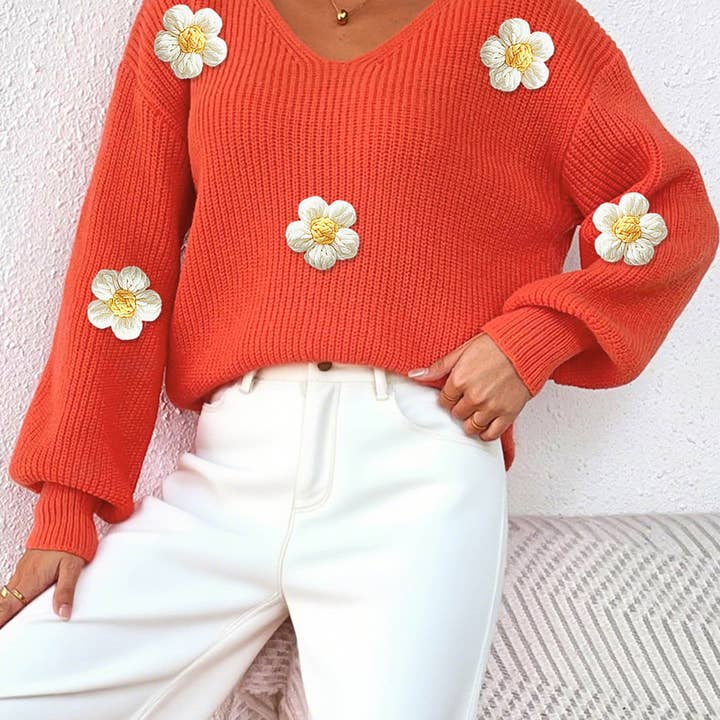 Masyal - Wholesale Knit Sweater - Women's - Women's Pullover Sweater with 3D Floral Embroidery