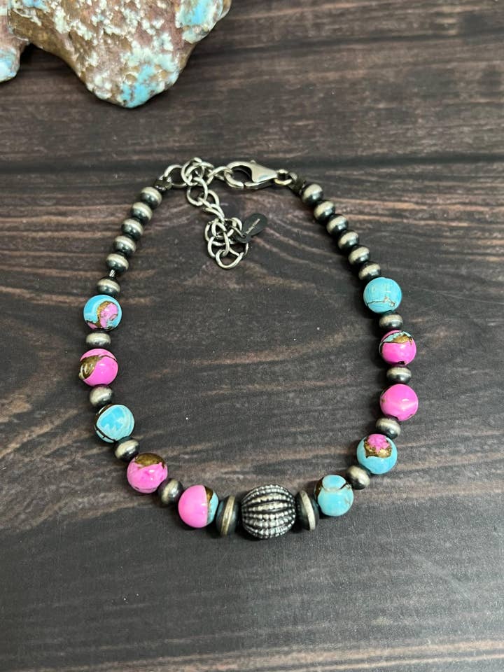 Handmade Sterling Silver Cotton Candy Beaded Bracelet with Signed Nizhoni (6) for wholesale by Nizhonitradersllc