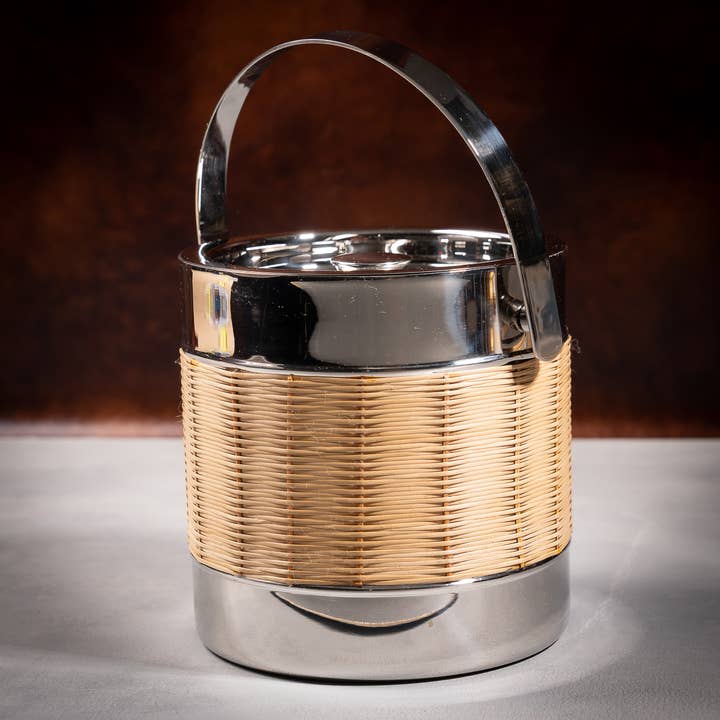 India Handicrafts Inc - Wholesale Ice Bucket - Woven Rattan Stainless Steel Double-Wall Ice Bucket w/ Lid