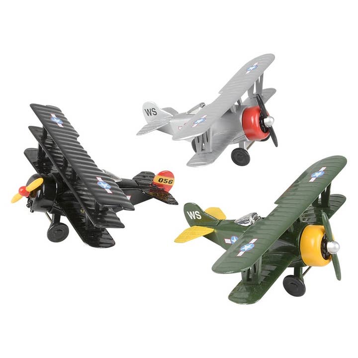 5" DIECAST PULL BACK CLASSIC BIPLANE LLB Toy Plane-Kids for wholesale by La Luna Bella - Toys