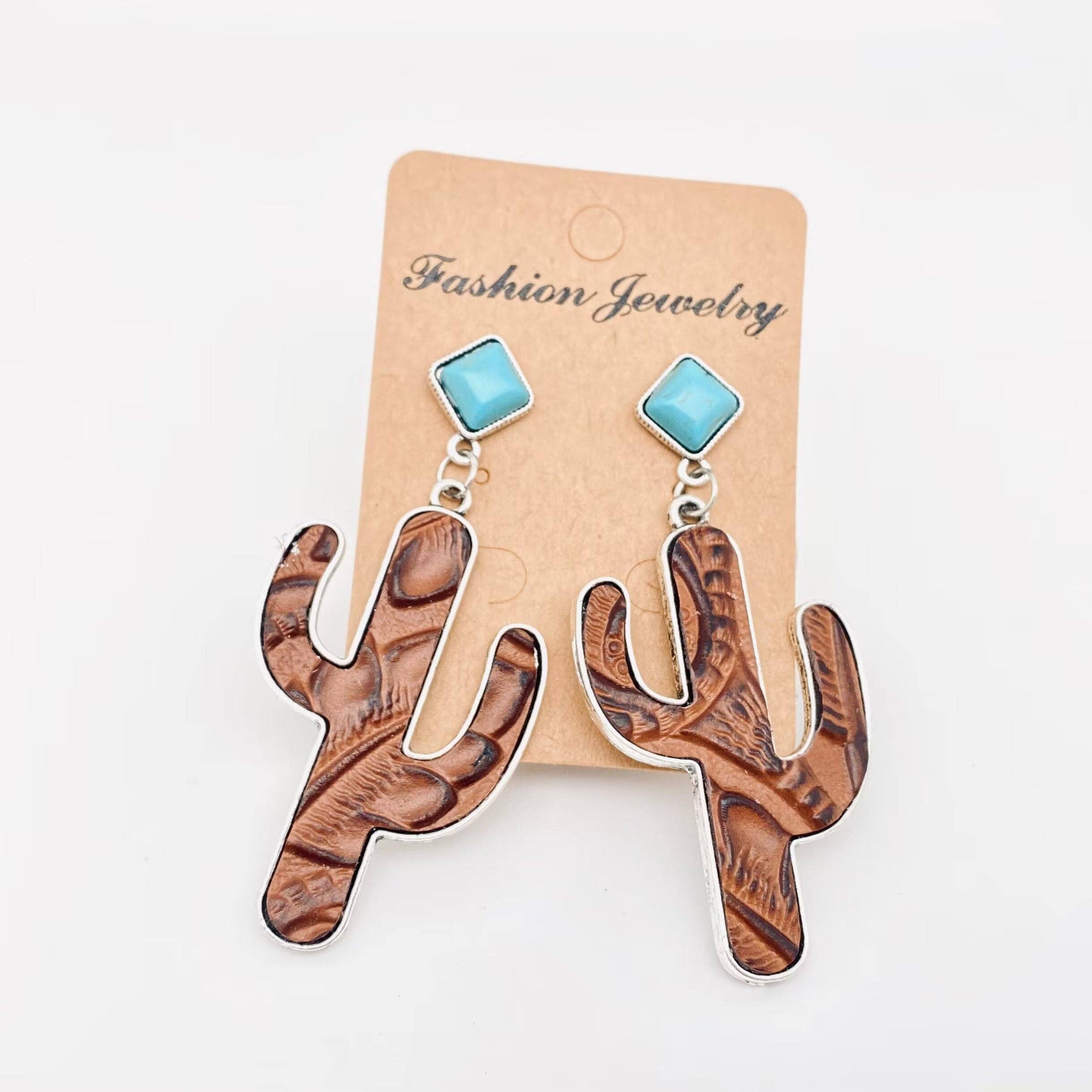 Mio Queena - Wholesale Dangle Earrings - Cactus Embossed Cowhide Turquoise Western Style Earrings -WJ1