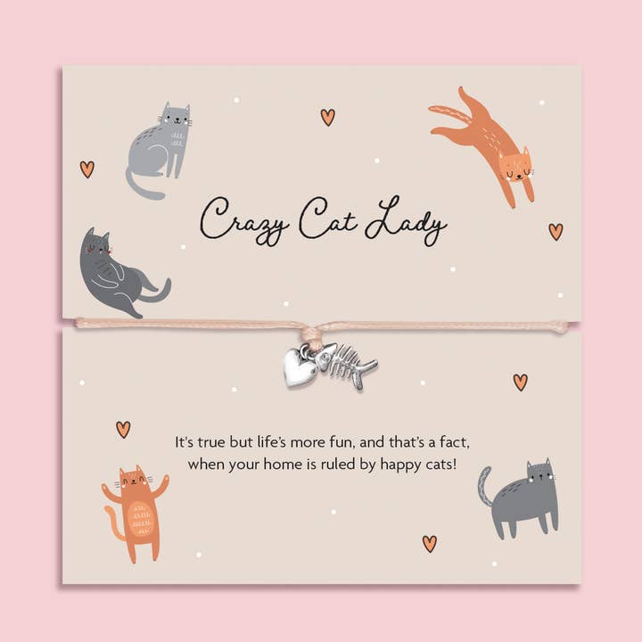 Letterbox Love Bracelets - Wholesale Charm/dangle bracelet - Crazy Cat Lady – Fish Bone & Heart Charm Bracelet