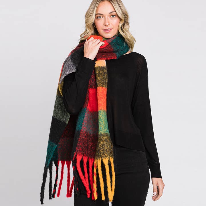 Sensibling Corp. – Cachecol - Mulher por atacado – Cachecol multicolor xadrez estampado com franja oblong13
