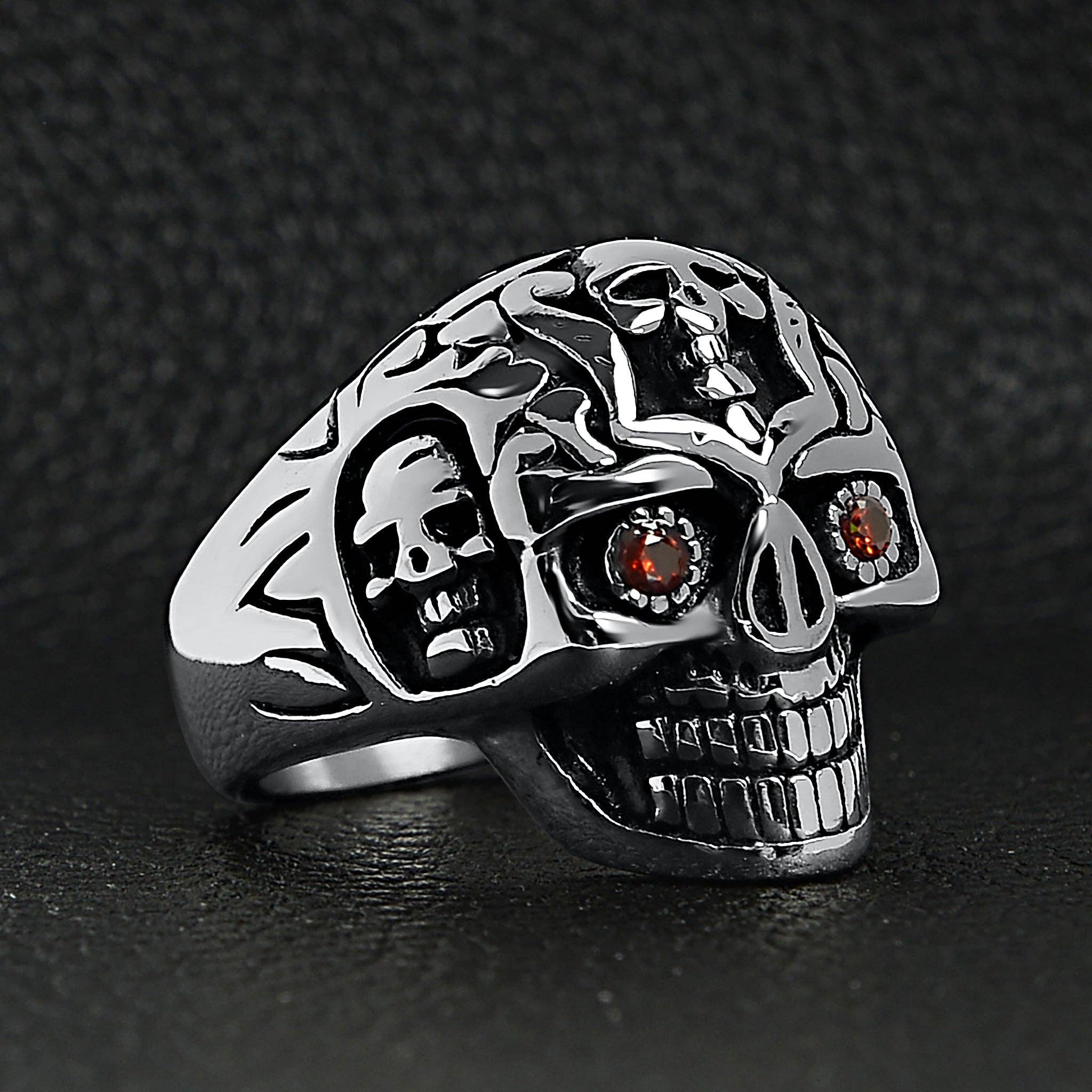 WJW – wholesale Cocktail/Statement Ring – Rostfritt stål Röd CZ Eyed Sugar Skull Ring6