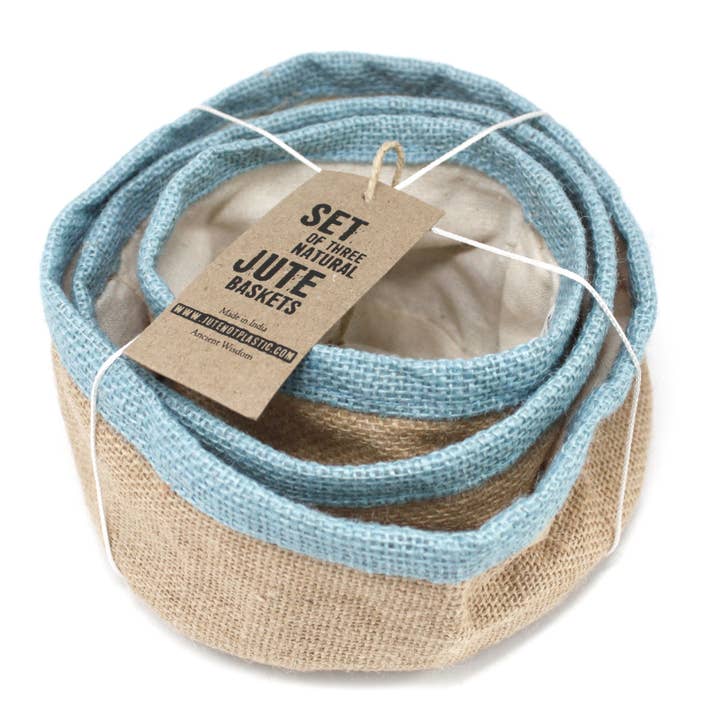 Ancient Wisdom - Wholesale Basket - Set of 3 Natural Jute Baskets - Teal1