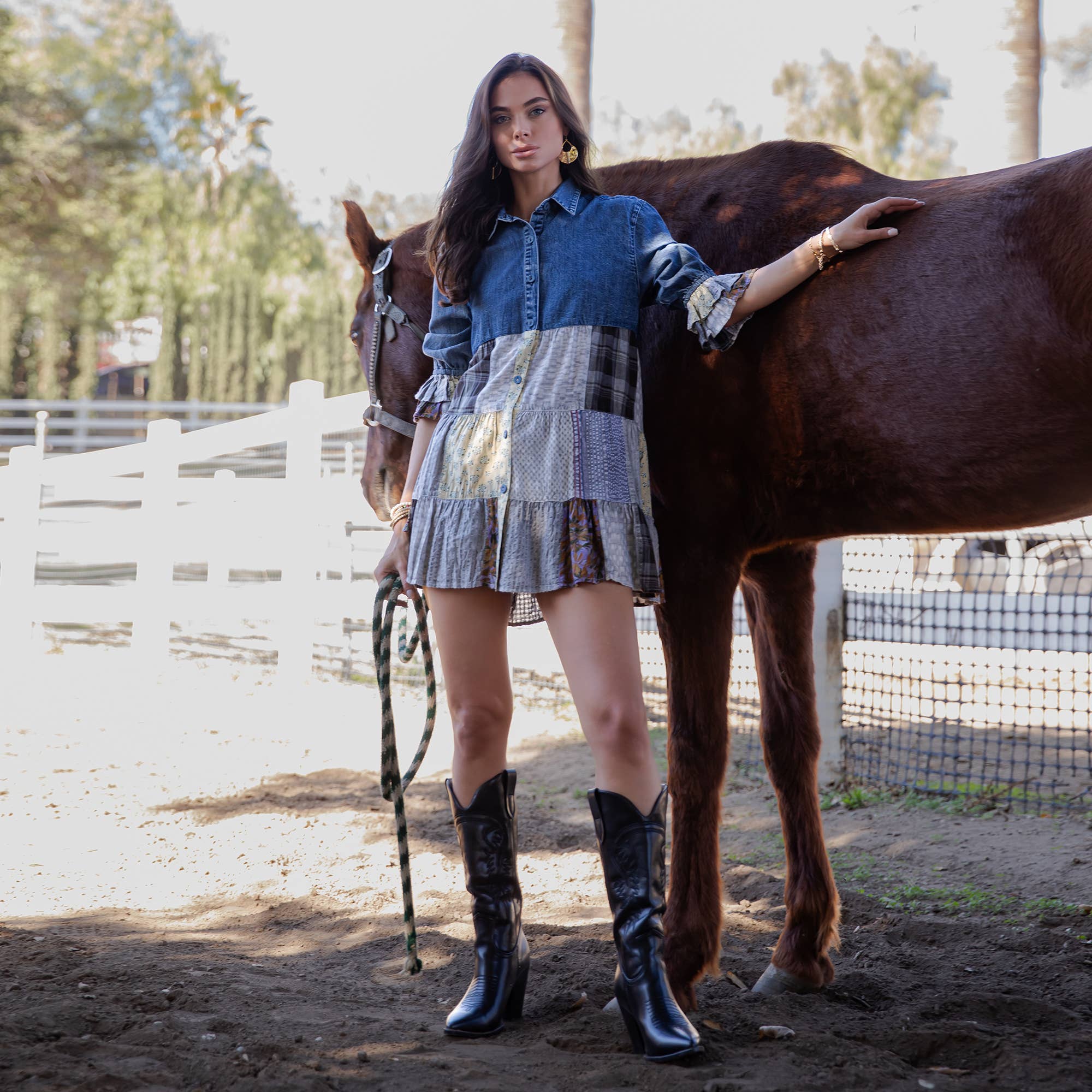 Young Threads - Wholesale Blouse - Women's - Western Denim Yoke Patchwork Tiered Tunic Top (New Color)48