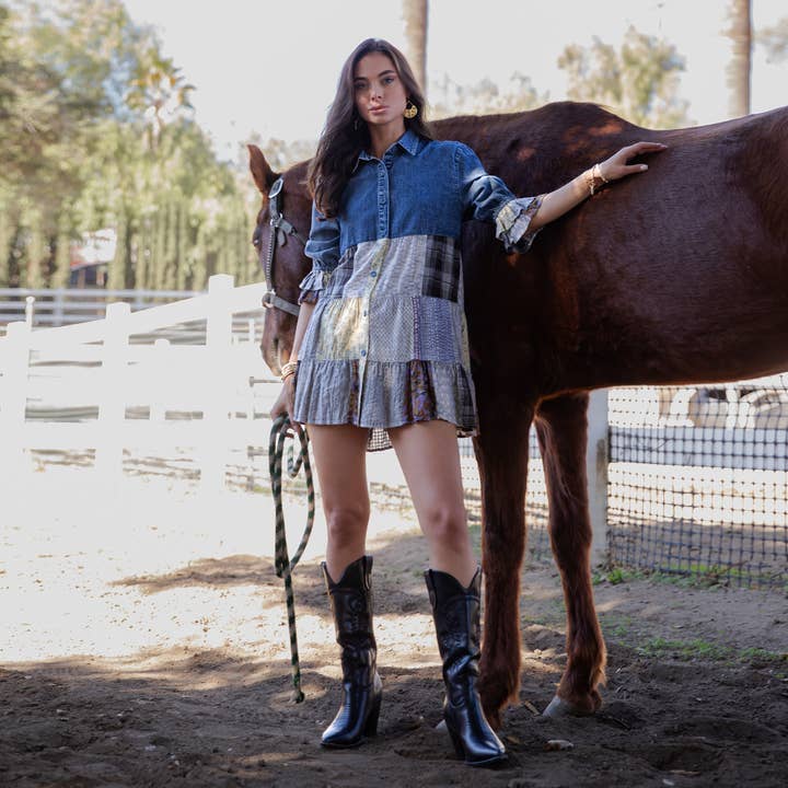 Young Threads - Wholesale Blouse - Women's - Western Denim Yoke Patchwork Tiered Tunic Top (New Color)48