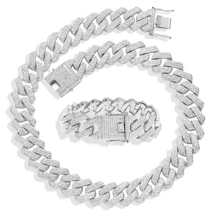 Iced Out 3-Row Necklace & Bracelet Set (20mm, Silver) for wholesale by EMESLY