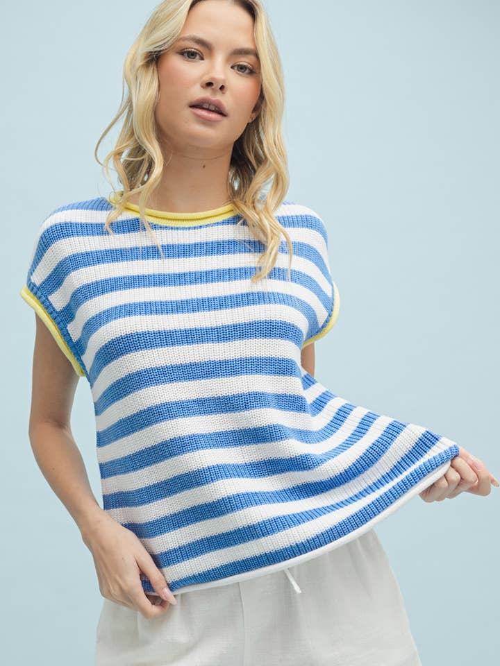 BLUE COMBO STRIPED CONTRAST SWEATER KNIT TOP / WL25-10271 for wholesale on Faire