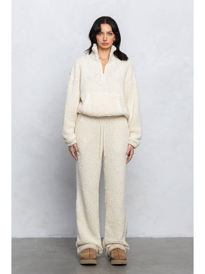 No Vacancy - Wholesale Lounge Set - Women's - Teddy bear cozy half zipup top and straight pants lounge set