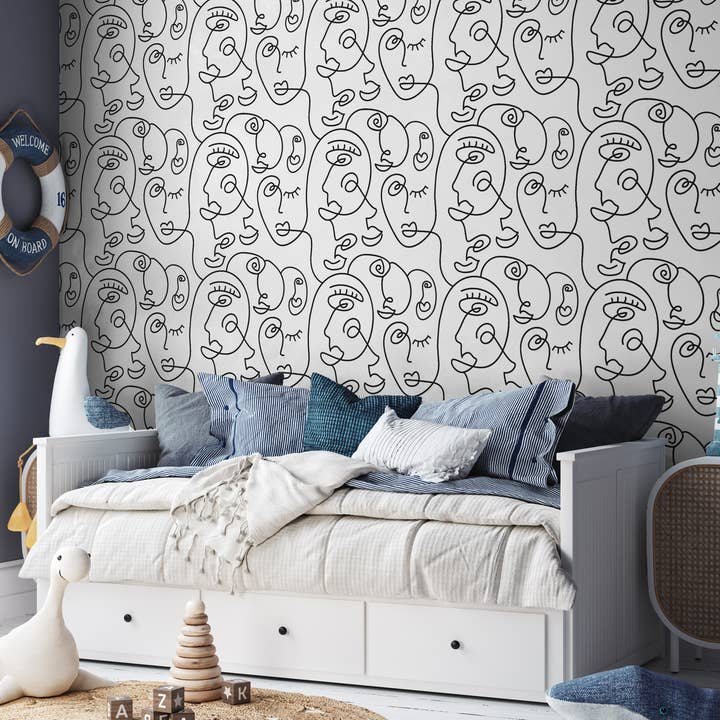 Ansikte linjeteckning tapet, minimalistisk abstrakt boho väggmålning för wholesale av SimurgWallArts