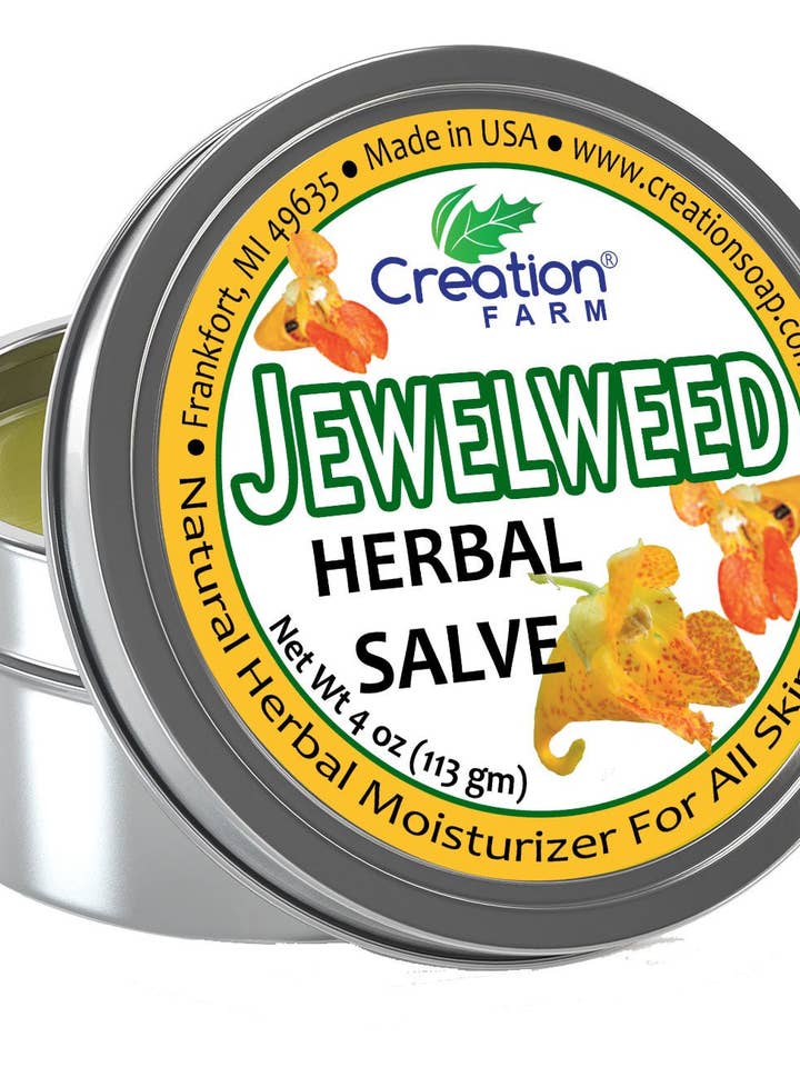 Jewelweed Herbal Salve Tin 4 Oz for Itchy Rashes Red Patchy Skin Bug Bites Burns and for wholesale by Creation Farm Inc