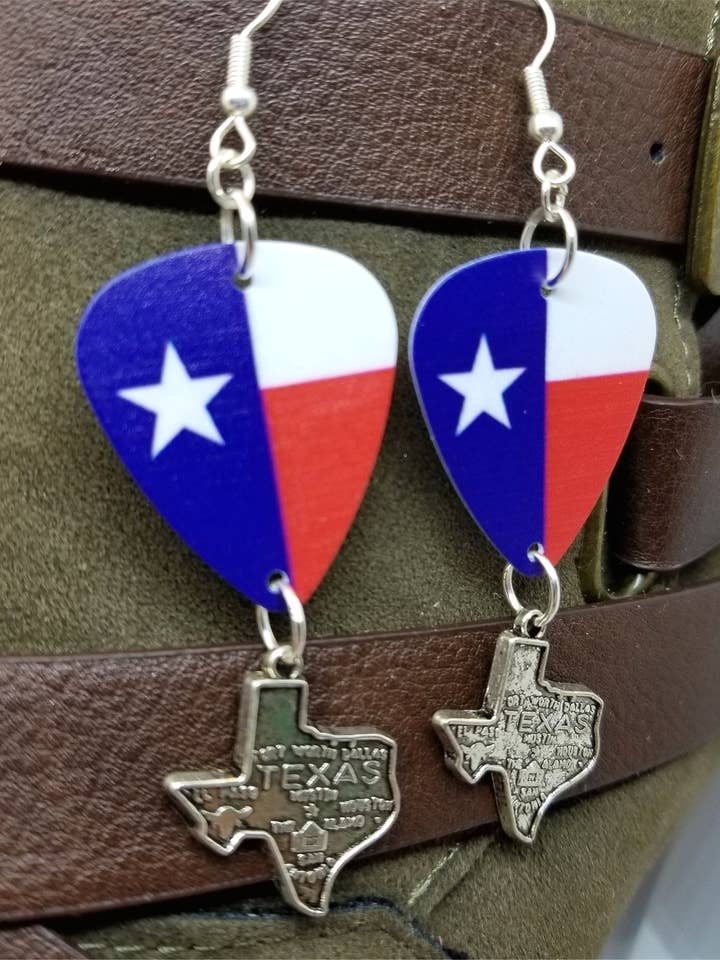 Texas State Flag Guitar Pick Earrings with Texas Charm Dangles for wholesale by Simply Raevyn