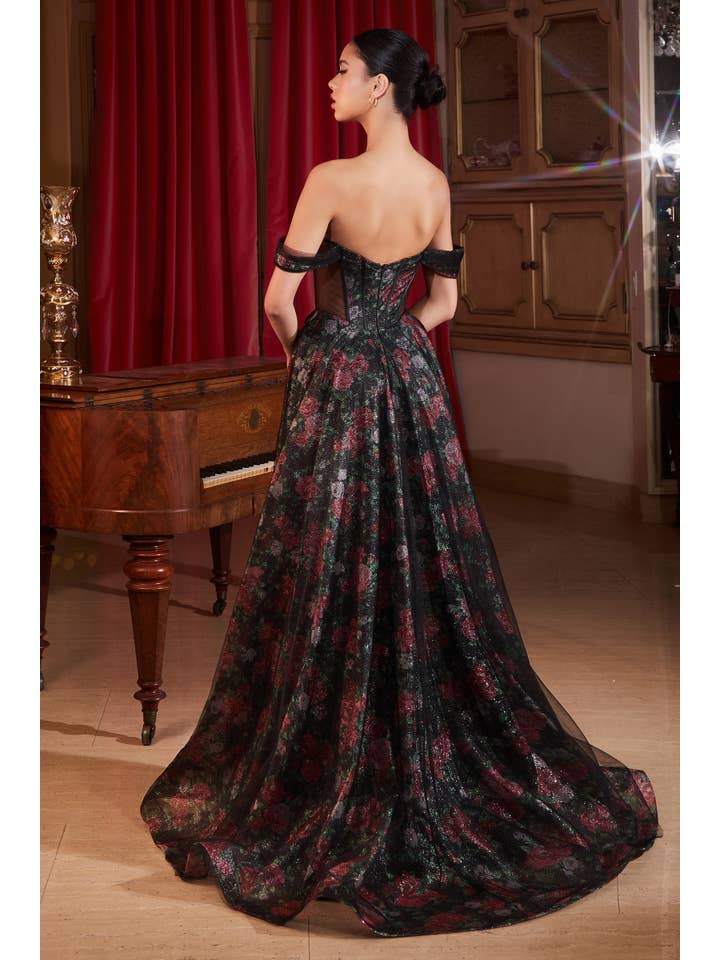 BLACK OFF THE SHOULDER BALL GOWN WITH FLORAL UNDERLAY for wholesale on Faire
