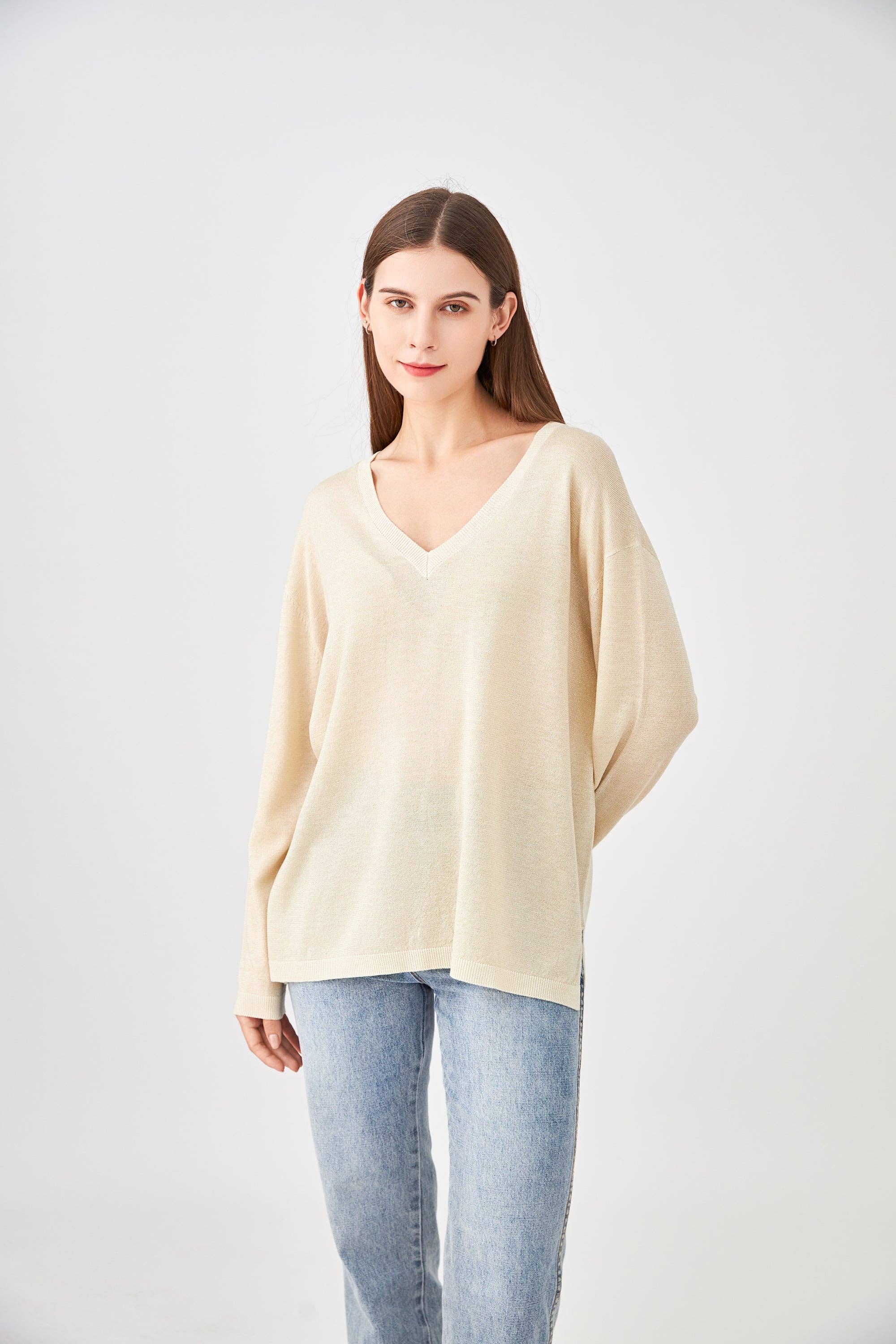 jw.atelier - Vente Pull en maille – femme - Pull lurex cachemire col V oversize8