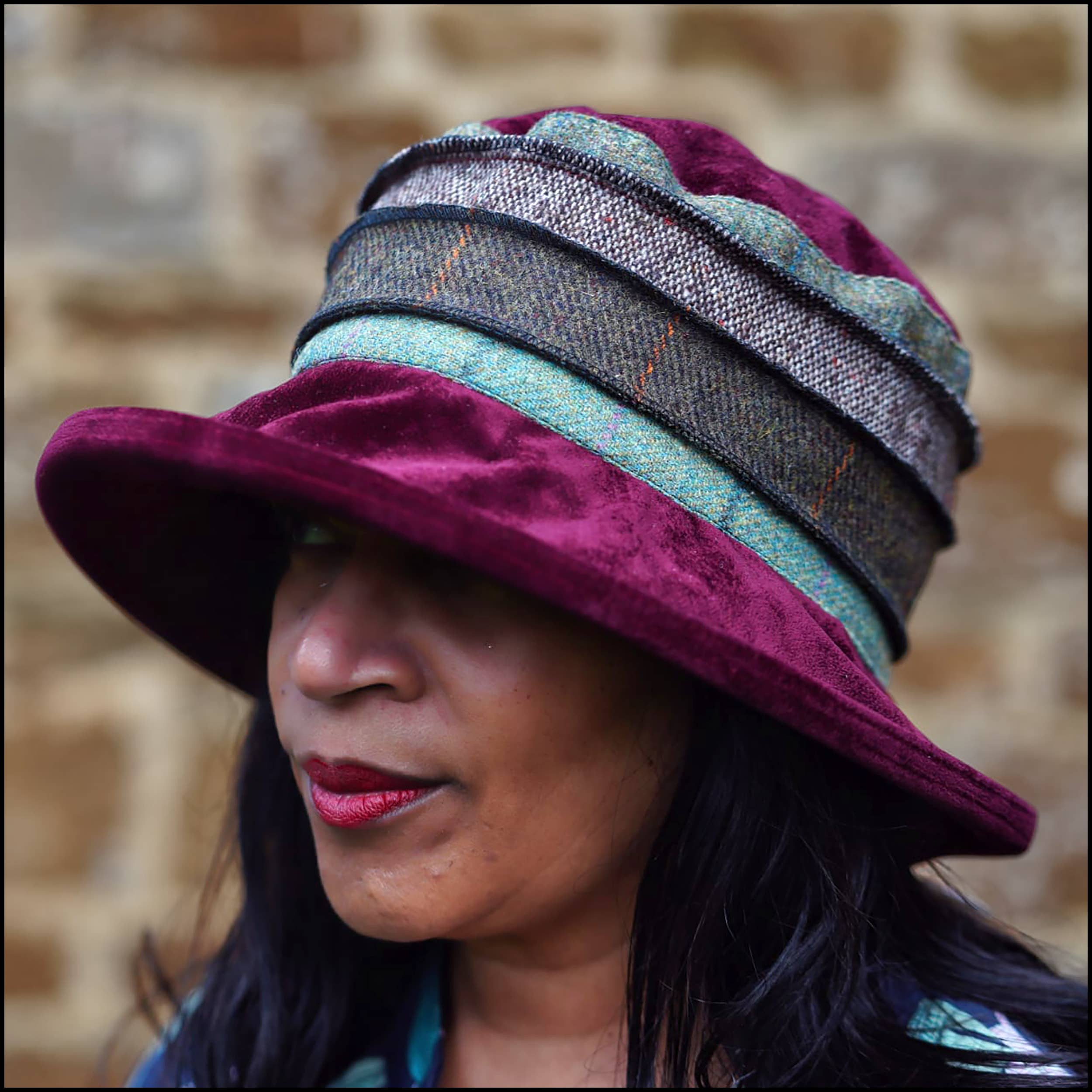 Peak & Brim Hats - Wholesale Cloche Hat - Women's - Fun Striped Jade Tweed Fall Hat for Ladies in Burgundy Red1