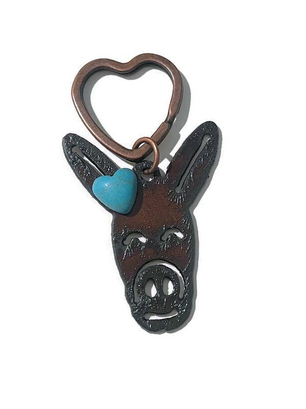 Rustic DONKEY face metal keychain with heart for wholesale by The Rustic Barn