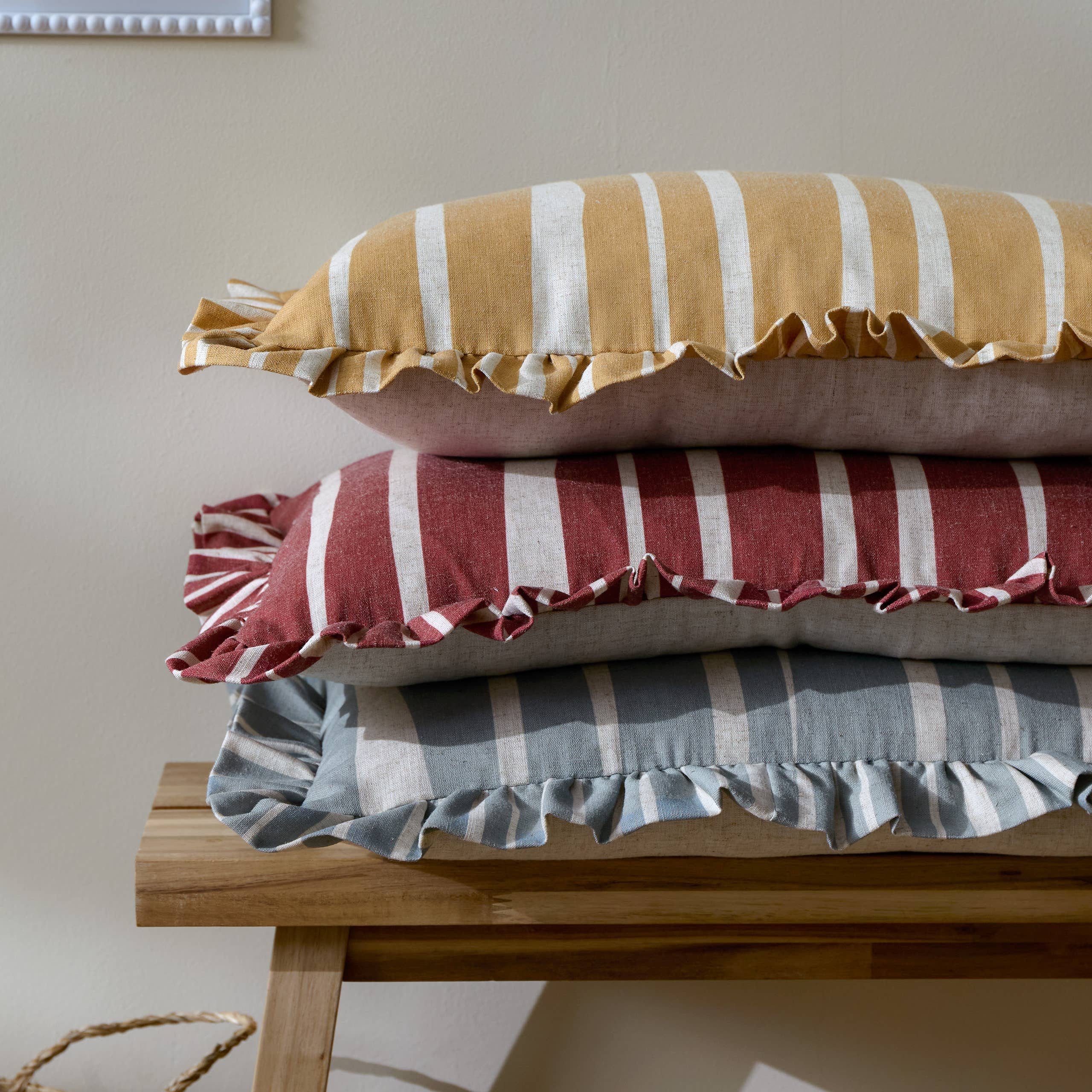 Linen Blue Carmon Stripe Ruffle Cushion Linen/Blue for wholesale on Faire6