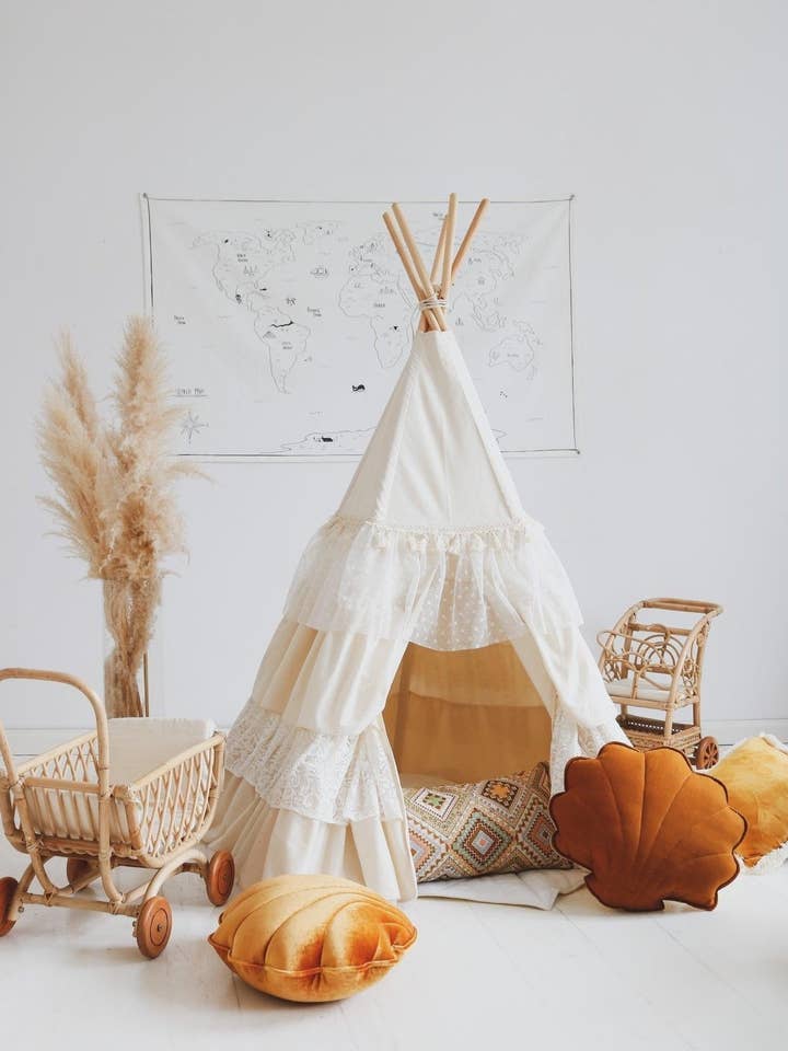“Shabby Chic” Teepee with Frills and Leaf Mat "White" Set for wholesale by Moi Mili