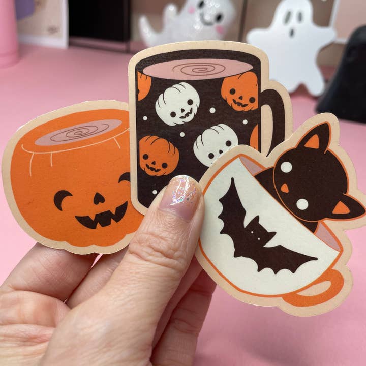 Spooky Coffee Mugs Stickers: Pumpkin Mugs, Cute Cat in Teacup Vinyl Sticker for wholesale by Wendy Stephens Art