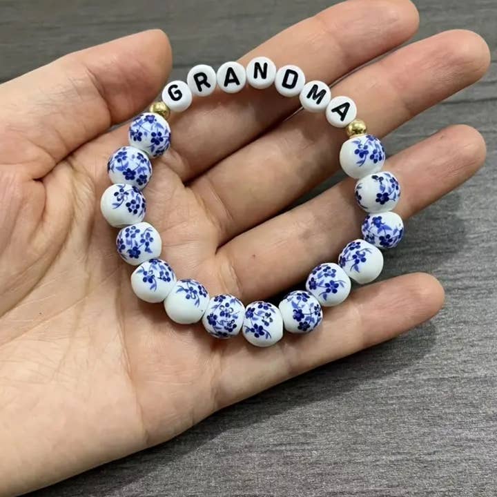 Our Home to Yours Candles & Gifts - Wholesale Beaded Bracelet - Blue White Beaded Bracelet Mimi, Mama, Nana, Grandma