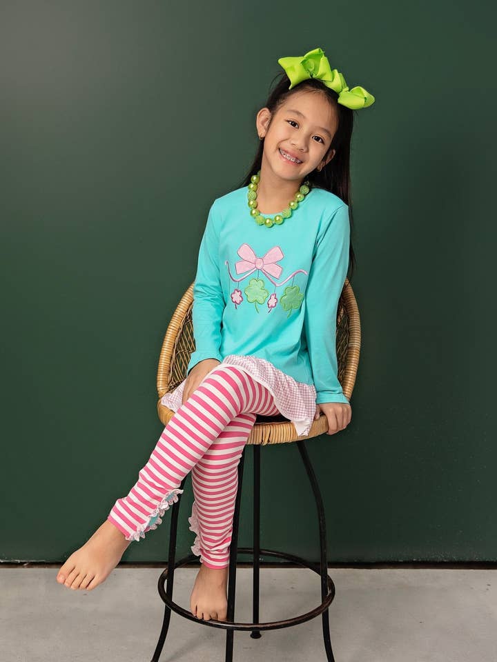 Embroidered Clovers with Striped Leggings Set for wholesale by The Hair Bow Company