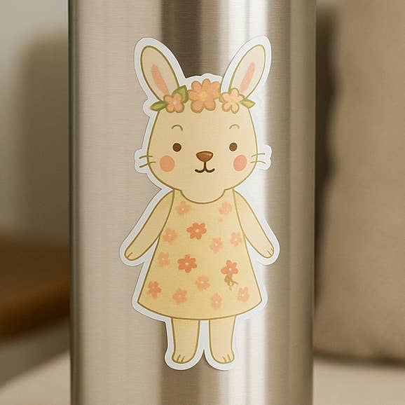 Adesivo in Vinile Coniglietto Carino – Corona di Fiori & Vestito Giallo | Decalcomania Animale del Bosco per Bambini, Diari, Bottiglie d'Acqua & Regali per la vendita all'ingrosso da parte di Wear Us Out