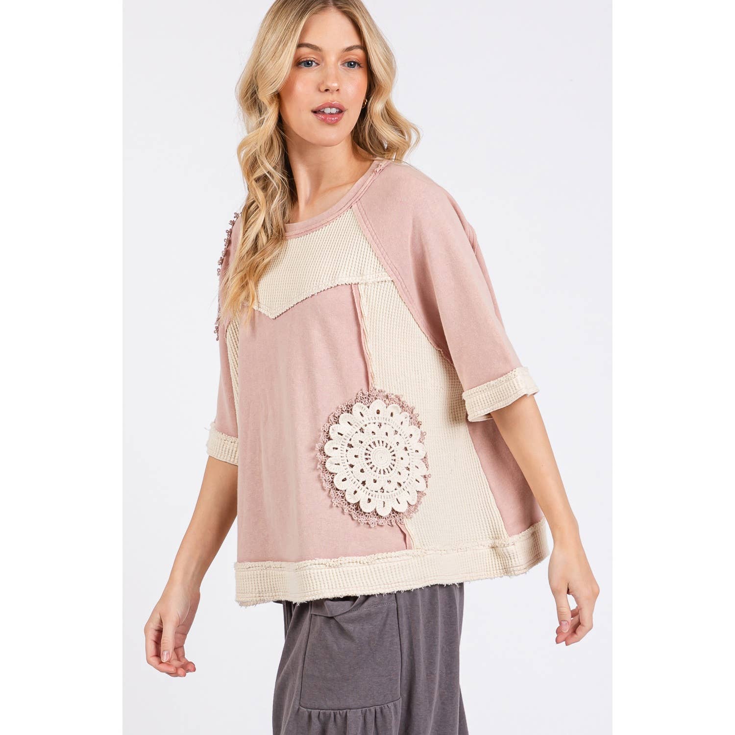 Sage VINTAGE CROCHET PATCHWORK TOP (ST7715) for wholesale on Faire9