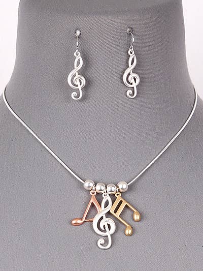 0011 PREMIERE - Wholesale Jewelry Set - FR2765 3-Tone Treble Clef, Notes, Music Metal Necklace Set1