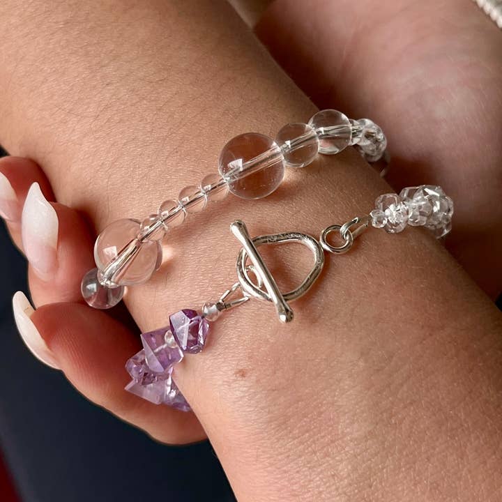 LoveGem Studio LLC - Wholesale Beaded Bracelet - Violet Harmony Bracelet – Premium Grade Facet-Cut Amethyst & Ice-Clear Quartz with Argentium Silver Toggle9