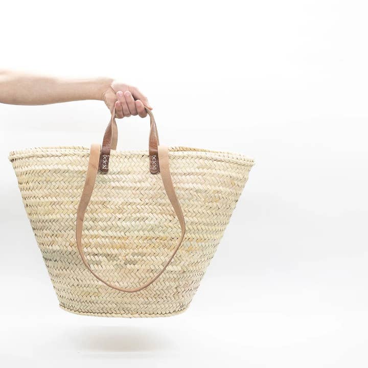 HandmadeBestSeller – Großhandel Strandtaschen – FRANZÖSISCHER KORB mit doppelten flachen Ledergriffen, Korbtasche