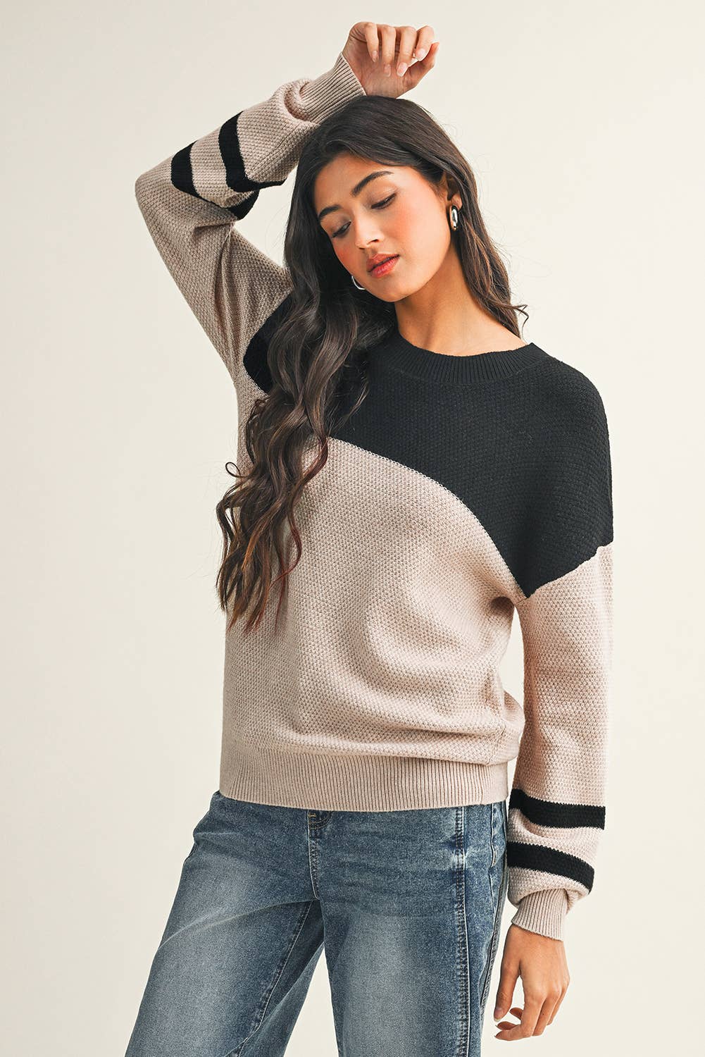 Parchment  LDC Color Block Knit Striped Sleeve Detail Casual Sweater for wholesale on Faire4