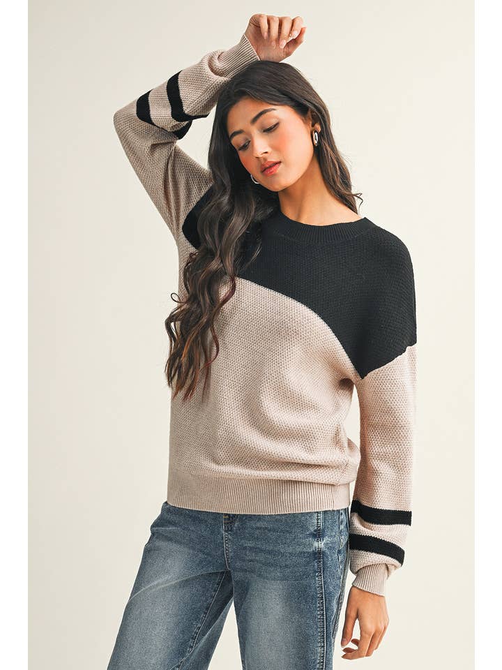 Parchment LDC Color Block Knit Striped Sleeve Detail Casual Sweater for wholesale on Faire4