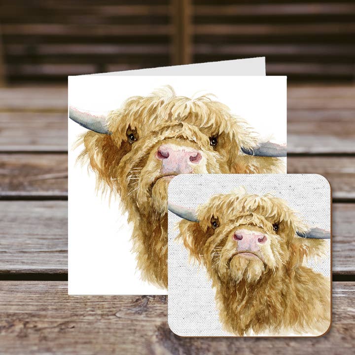 Coaster Card, Highland Cow, "Donald" for wholesale by Field and Fur Gifts
