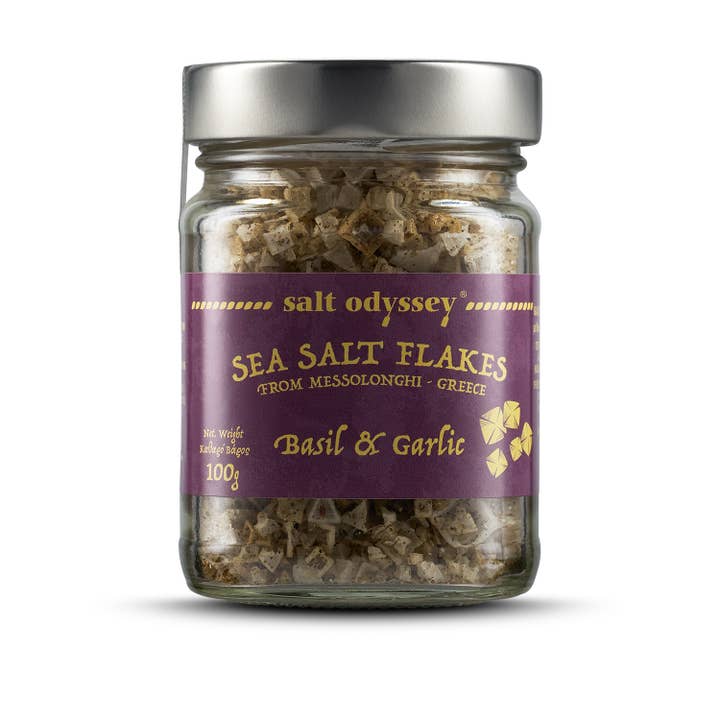 Salt Odyssey Sea Salt Flakes w/ Garlic & Basil for wholesale by Hellenic Farms
