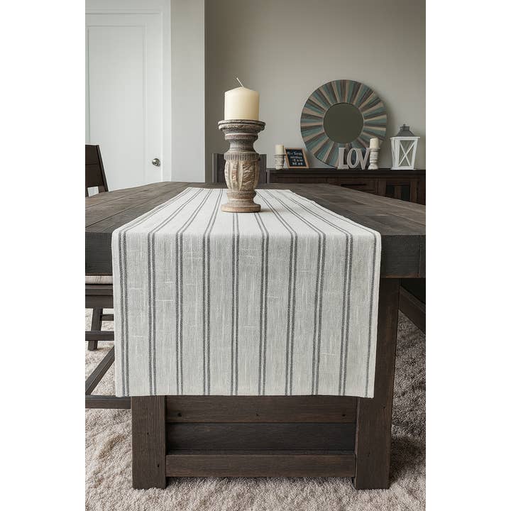 Grey Striped Linen-Poly Table Runner for wholesale by Fennco Styles