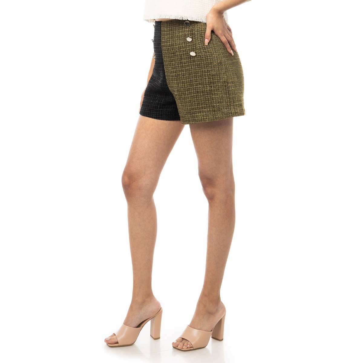 Naked Zebra - Vendita all'ingrosso Pantalone - Donna - Pantaloncini bicolore in tweed a vita alta1