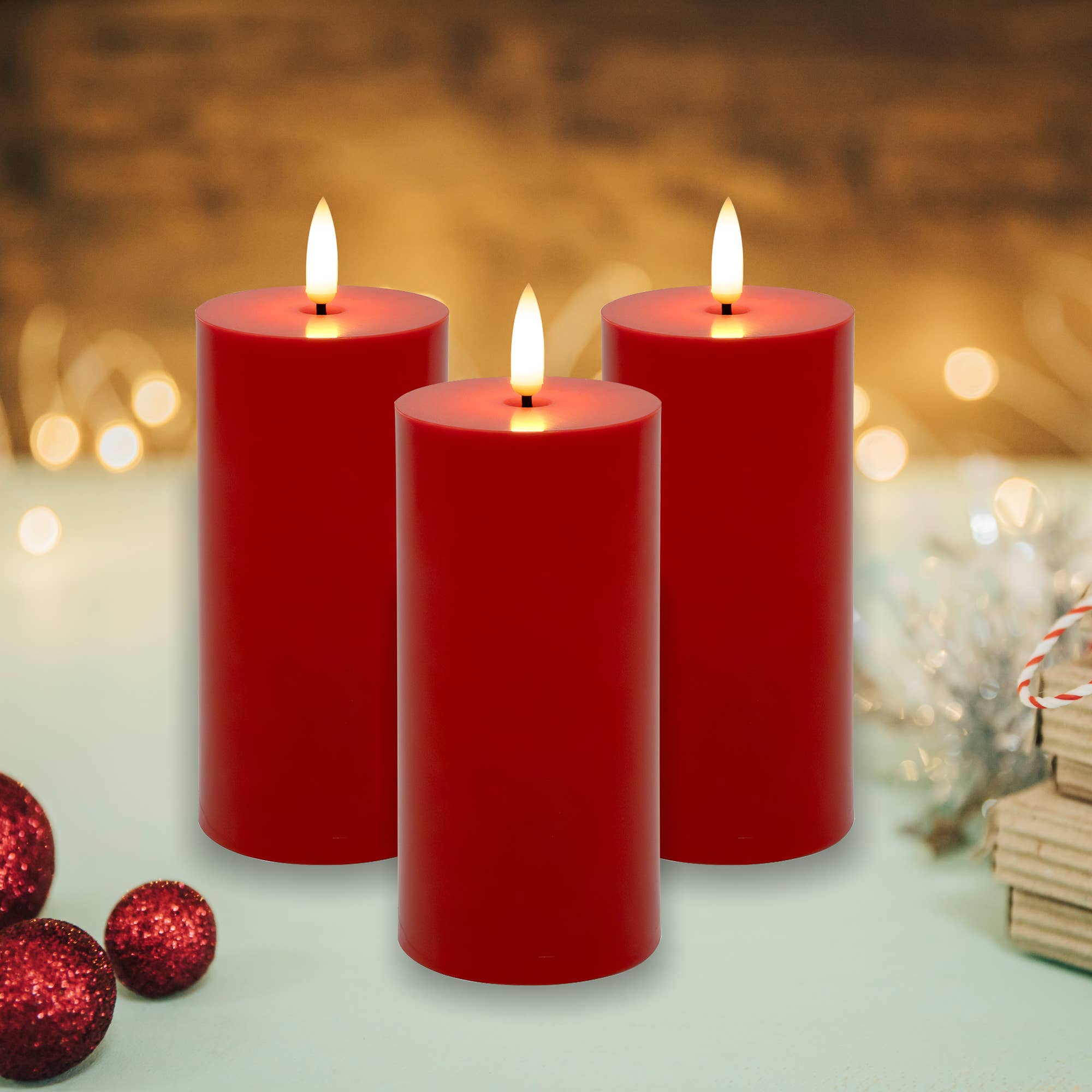 LumaBase - Wholesale Flameless Candle - Battery Operated 3D Wick Flame Pillars, Red - Set of 31