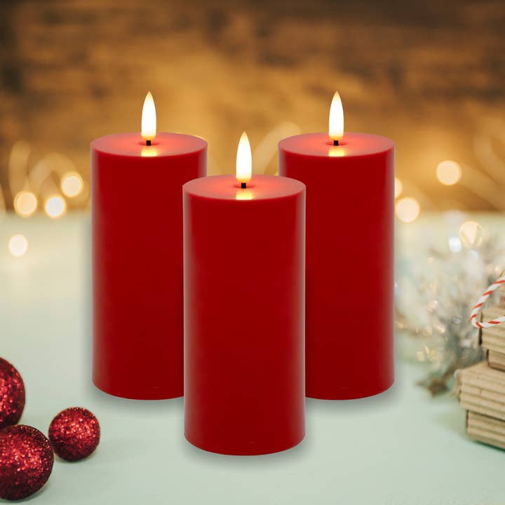 LumaBase - Wholesale Flameless Candle - Battery Operated 3D Wick Flame Pillars, Red - Set of 31