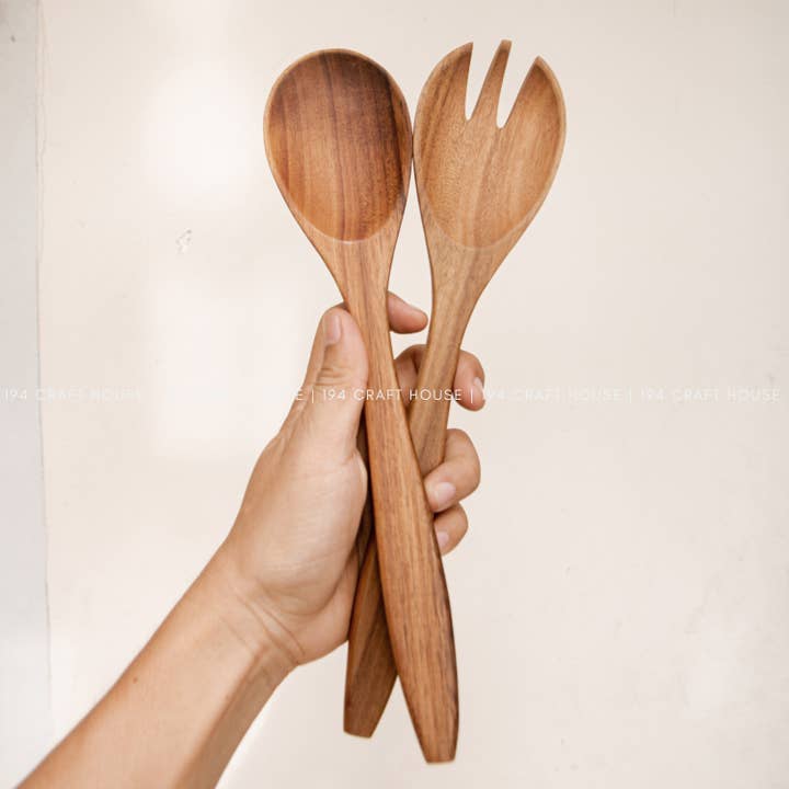 Acacia Wooden Salad Servers - 12" - Spoon and Fork Set for wholesale by 194 Craft House